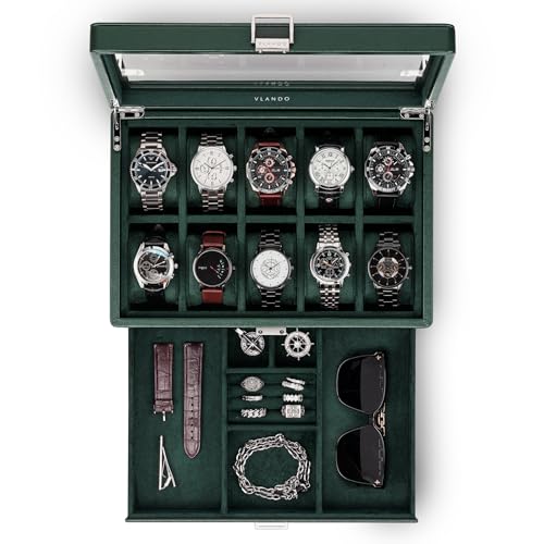Vlando Watch Box for 10 slot, Lockable Watch Case with Textured Leather, 2 Layer Watch Holder for Rings, Bracelets, Glasses, Glass Lid, Removable Divider, Gift for Fathers, Husband, Friend, Dark Green - color: A.Dark Green