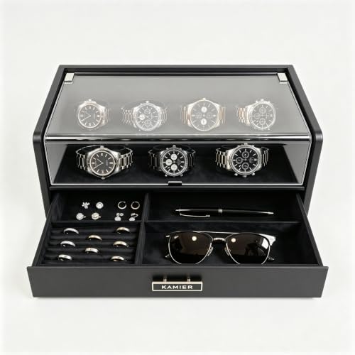 KAMIER 7 Slot Watch Box for Men, PU Leather Watch Display Case with Lid | Watch Case Jewelry Storage Drawer Organizer for Watches Rings Necklaces Sunglasses, Watch Holder Gift for Father Husband - color: Black