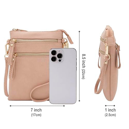 Small Crossbody Bag for Women, Multi Zip Pockets with Detachable Wristlet, Lightweight Travel Purse, Cell Phone Pouch - color: Rose Pink