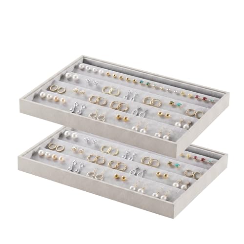 2-Piece Gray leather Stackable Jewelry Organizer Tray Set, Bracelet Ring Earring Holder Box, Necklace Display Stand for Storage and Retail Display (Earring) - style: Earring