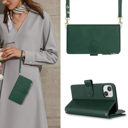 iCoverCase Compatible with iPhone 15 Plus Crossbody Case with Strap, Wallet Phone Case Card Holder [Not Detachable] PU Leather Kickstand Zipper Lanyard Case 6.7" (Green) - color: Green, size: for 15 Plus 6.7 inch