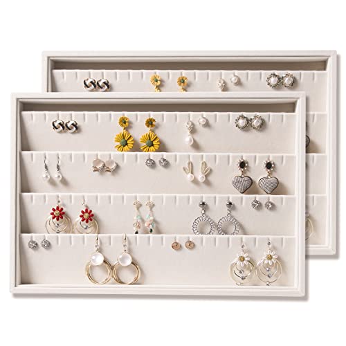 Coward 2PC Stackable Earring Tray Drawer Jewelry Holder Organizer Box Storage Earring Display Stand for Selling (beige(earring+earring)) - color: Beige Velvet, size: Earring+Earring