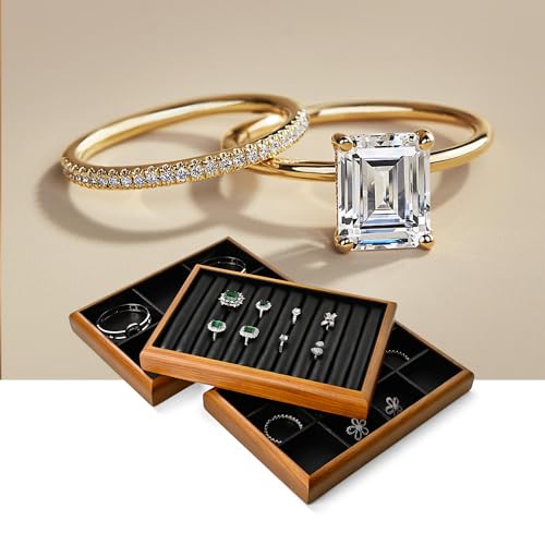 Oirlv Black Wood Jewelry Ring Display Tray | Black Solid Wood Frame, Soft Leather Interior, 9.84X17X1.18in Ring Tray, Beautiful Finish, Protects Jewelry - color: Black, size: 11 slot