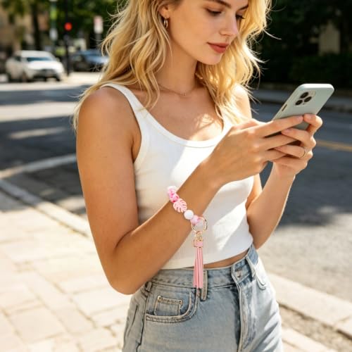 elephtree Wristlet Wallet Keychain,Beaded Silicone Bracelet PU Leather Card Holder Tassel Key Ring Bangle for Women Girls - color: White &Pink
