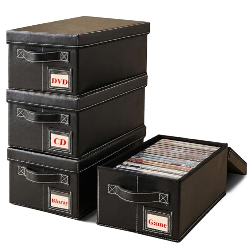 DVD Storage Boxes with Lid, 4 Pack Holds 104 DVD Cases Total, Stackable Leather Media Organizer for Blu ray, Video Game, CDs - size: 4 Boxes