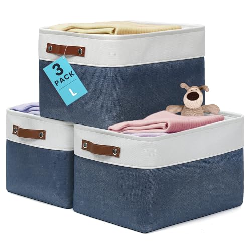 OrganiHaus 15x11in Canvas Storage Baskets 3 Pack - Fabric Bins for Shelves | Vegan leather handles; a decorative closet organizer for clothes, shoes, or toys; bedroom container - color: Navy Blue / Off-White, size: Large - 3pc