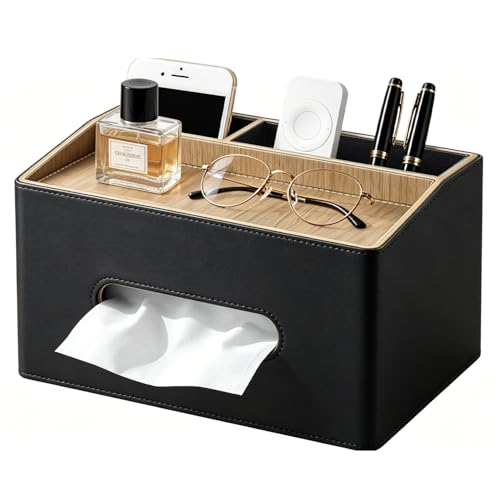 PU Leather Tissue Box Holder Rectangle,Facial Tissue Cover with Tray on Top | Multifunctional TV Remote Control Holder, Modern Desktop Organizer with Storage for Nightstand Bathroom Office Home Decor - color: Black