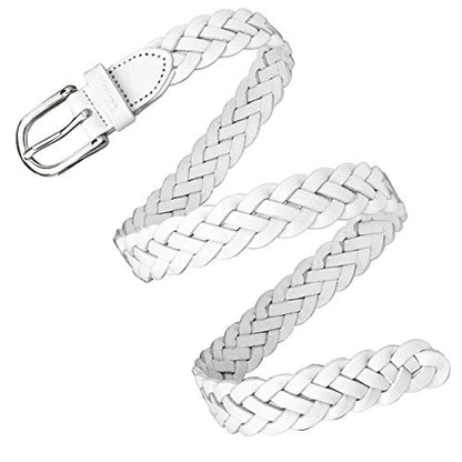 Falari Women's Leather Braided Belt Stainless Steel Buckle - color: White, size: L 38-40 (fit waist 36-38)