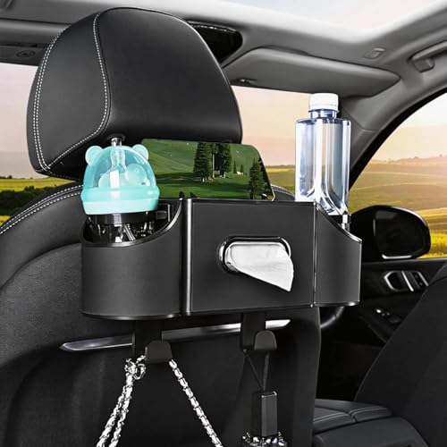 Multifunctional Back Seat Car Organizer with Cup Holders, Tissue Box Holder, Phone Stand and Hooks, 4 in 1 Car Backseat Storage Box, Car Seat Back Organizer for Sedan SUV MPV(Black) - color: Black