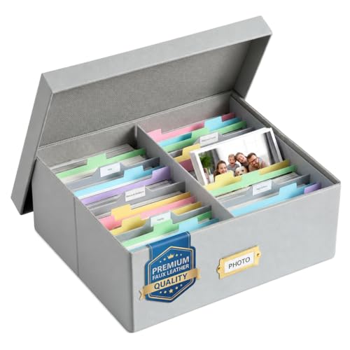 Photo Storage Box for 1800 4x6 Photos, Faux Leather | Premium faux leather with sturdy PP dividers, 25 color-coded index cards, and 112 labels for easy photo organization