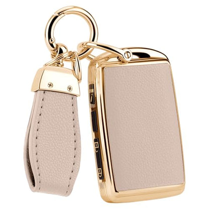 Soft Upper Leather TPU Key Fob Cover Case Fit for Mazda CX-3 | 360° Full Protection,Compatible with Mazda CX-3 CX-5 CX-9 2019-2026 Accessories with Keychain - color: Gold-edged Light Pink