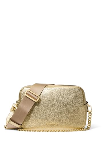 Michael Kors Bryant Medium Double Zip Chain Camera Crossbody Bag - color: Gold-tone Hardware/Metallic Pebble Embossed Leather/Pale Gold