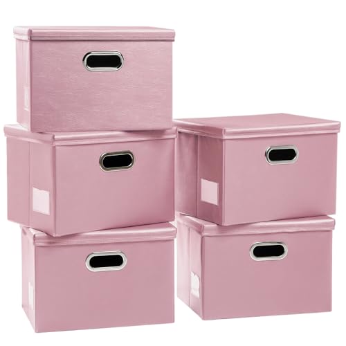 Large Stackable Storage Bins with Lids [5-Pack] Leather Fabric Foldable Storage Boxes Organizer Containers Baskets Cube with Cover for Bedroom Closet Office Nursery Pink (17.7x11.8x11.8) - color: Pink, size: Large(5-Pack)