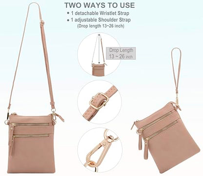 Small Crossbody Bag for Women, Multi Zip Pockets with Detachable Wristlet, Lightweight Travel Purse, Cell Phone Pouch - color: Rose Pink