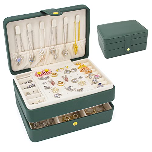 KOOAAICCHI Small Travel Jewelry Organizer Portable Jewelry Holder-Green | Compact 2‑layer storage case, practical gift for women. Neatly stores rings, earrings, necklaces for home storageuse - color: JS-Green