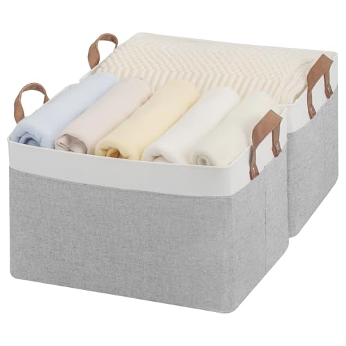 StorageWorks Fabric Storage Bin, Closet Bins, Gray and White, Large, 2-Pack | With Reinforced PU Handles, Metal Frame, Collapsible, Storage Basket for Shelves, Closet, Holds Clothes, Towels, Blankets - color: Gray and White, size: 16 ½" L x 12" W x 10 ¼"