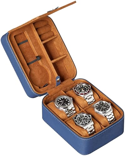 ROTHWELL 5 Watch Travel Case Storage Organizer for 5 Watches | Tough Portable Protection w/Zipper Fits All Wristwatches & Smart Watches Up to 50mm (Blue/Tan) - color: Blue / Tan