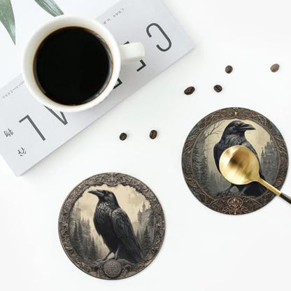 Raven Coasters for Drinks with Holder Round Leather Coasters Set of 6 Cups Mugs Mat Pad for Home Kitchen Bar - color: Raven