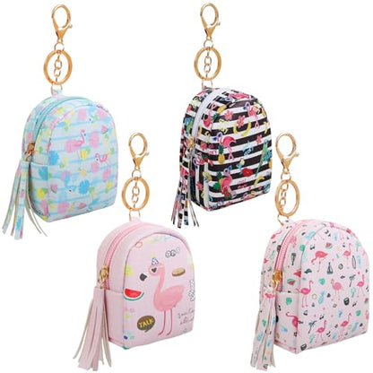 AIBFRID 4Pcs Mini Backpack Keychain,Cute Cosmetic Bag for Women,PU Leather Makeup Bag Key Pocket Lipstick Bag Card Holder Data Cable Organizer Zipper Pouch (Flamingo gifts) - color: Flamingo gifts