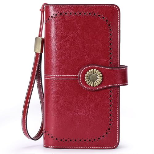 SENDEFN Womens Wallet RFID Blocking Card Holder Large Leather Wristlet - color: 1-Wax-Red-1