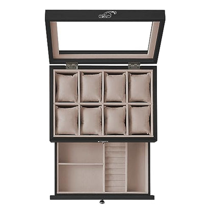 SONGMICS 8-Slot Watch Box, 2-Tier Watch Display Case with Large Glass Lid, Removable Pillows, Velvet Lining, Jewelry Box, Gift Idea, Ebony Black UJOW008B01 - color: Ebony Black, size: 2 Layer 8 Slot