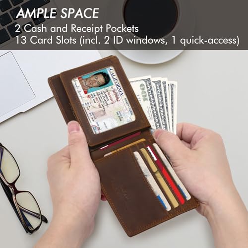 Pefiam Full Grain Leather Wallet for Men, RFID Blocking, Mens Wallet Bifold with 2 ID Windows, Billfold with 13 Card Slots, Leather Gift for Men, American Flag Wallet Dark Brown - color: Dark Brown (Crazy Horse Leather)