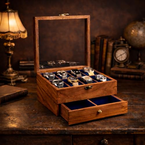 Premium Watch Box Organizer for Men and Women - Wooden Mens Watch Display Case, Luxury Rosewood Organiser, Velvet Lining, Glass Top, Best gift for him, Vintage home for watches (8 SLOTS TRAY) - size: 8 SLOTS TRAY