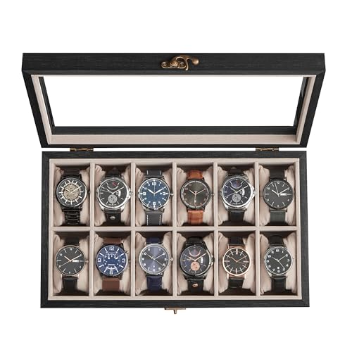 SONGMICS 12-Slot Wooden Watch Box, Display Case with Large Glass Lid | Watch Case for Jewelry, Removable Pillows, Velvet Lining, Gift Idea, Ink Black, ANICIA Collection UJOW120B01 - color: Ebony Black, size: 1 Layer 12 Slot