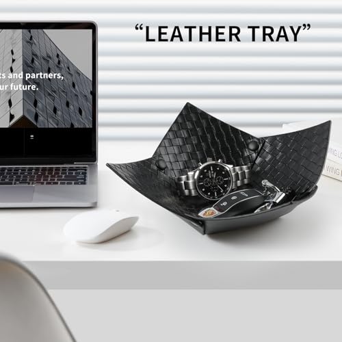 KINIVA 2 Pack PU Leather Jewelry Valet Tray for Men Women,Small Key Bowl for Entryway Table,Portable Travel Catchall Dice Tray (Bowl-Black-2pcs) - style: Bowl-Black-2pcs