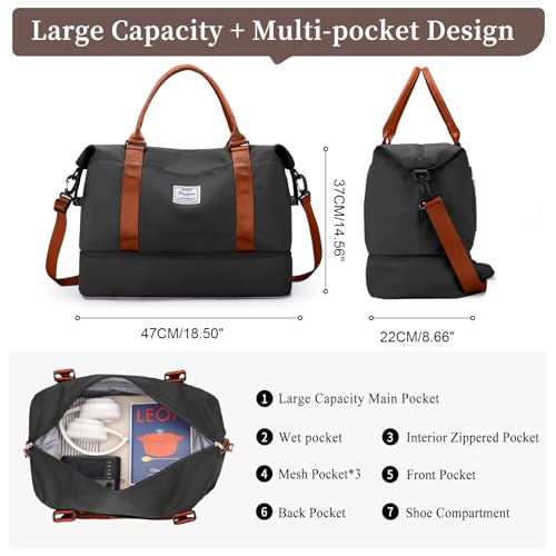 Weekender Bags for Women, Personal Item Travel Bag with Shoes Compartment | Overnight Travel Duffel Bag with Toiletry Bag, Airplane Friendly Carry-On Bag - color: Black & Brown, size: Large