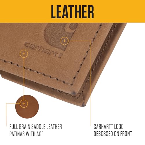 Carhartt Men’s Full Grain Saddle Leather Wallets, RFID Blocking Bifold, Trifold, and Front Pocket Options, Gifts for Men - color: Carhartt Brown (Bifold)