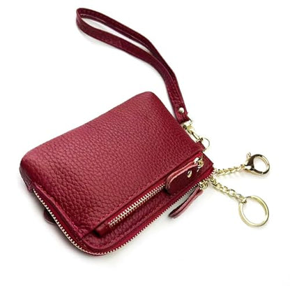 Women Genuine Real Leather Coin Purse with Hand Strap. 3 Zipper Small Wallet Wristlet with 3 credit cards slots Holder - Burgundy - color: #04 Burgundy