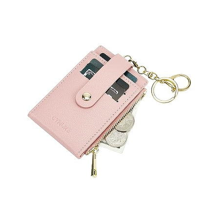 Women Leather RFID Card Holder Bifold Keychain Wallet - color: pink