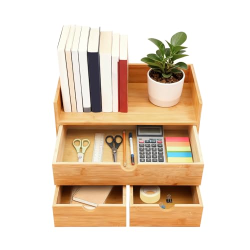 Bamboo Desk Organizer, Mini Multifunctional Tabletop Storage Organization Box 3 Tier Desktop Organizer with 4 Drawers Small Desktop Simple Design for Home,Office (3 Drawers)