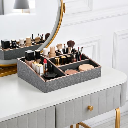 PU Leather Makeup Organizer Tray,Large Vanity Organizer,Cosmetic Storage Box for Lipstick Brushes Skincare Perfume,Cosmetic Display Case Rose Gold-trimmed for Dresser,Bathroom Countertop(Grey) - color: Grey