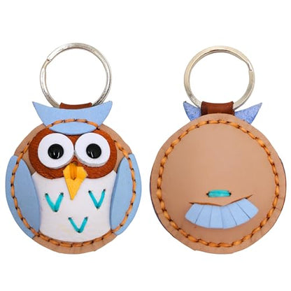 Genuine Leather Keychain, Animal Keyring, Bag Purse Charm Pendant Gifts Handmade, Cute Key Holder, Pets Lover Accessories - color: Owl Light Blue - Nude