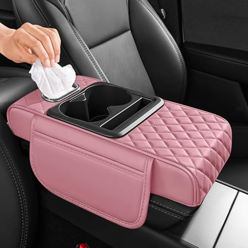 5 in 1 Nappa Leather Console Armrest Cover, Pink | Built-in cup holder, tissue slot, phone holder & 2 storage pockets, practical car accessories fit SUV sedan truck - color: Pink
