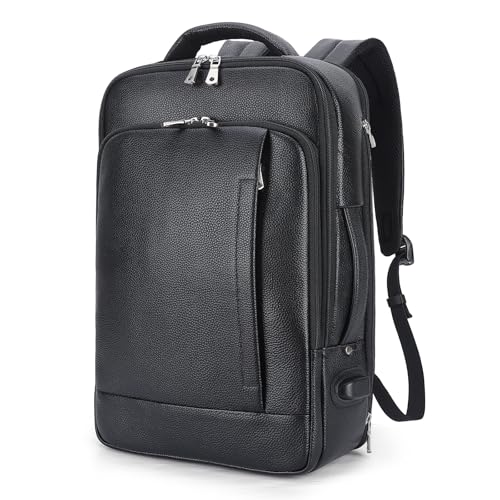 TIDING Men's Expandable Leather 15.6" Laptop Backpack for Commute Business | TSA Friendly Weekend Travel Daypack with Luggage Sleeve, Water Bottle Holder ﻿ - color: Black