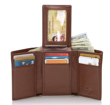 Stealth Mode Trifold Wallet - RFID Blocking Wallet with Flip ID Holder - Leather Case for Money, Credit Cards - Mens Organizer, Divided Billfold, Identity Protection - Men's Gifts (Brown Pebble) - color: Brown Pebble