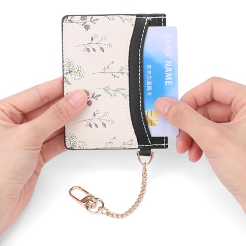 SENDEFN Slim Credit Card Holder for Women Flower Front Pocket Wallet Case with Keychain - color: 3-Black