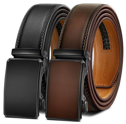 KEMISANT Men's Ratchet Leather Belt 2Pack-Trimmable 1 3/8“-Gift Boxed - color: 2pack-black/Deep Brown4782, size: 32"-38"Waist Adjustable