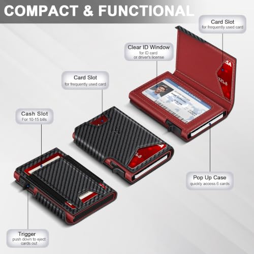 Wallet for Men Wallet with Slim Pop Up Card Holder 9-13 Cards, Bifold Minimalist Smart Wallet RFID Blocking Credit Card Holder with ID Window & Stretchable Cash Slot Compact Metal Aluminum Card Case - color: Carbon Fiber + Red