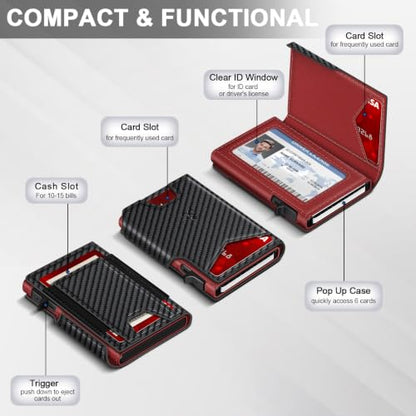 Wallet for Men Wallet with Slim Pop Up Card Holder 9-13 Cards, Bifold Minimalist Smart Wallet RFID Blocking Credit Card Holder with ID Window & Stretchable Cash Slot Compact Metal Aluminum Card Case - color: Carbon Fiber + Red