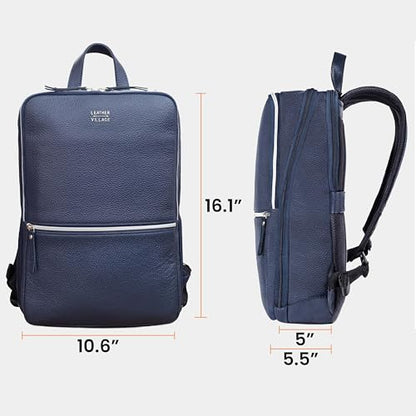 LEATHER VILLAGE Leather Laptop Backpack for Men with Trolley Strap 16L Blue | Water-Repellent, Slim Professional Business Bag Fits 2 Laptops up to 15.6", Tablets or Files, Work & Travel Daypack - color: Blue