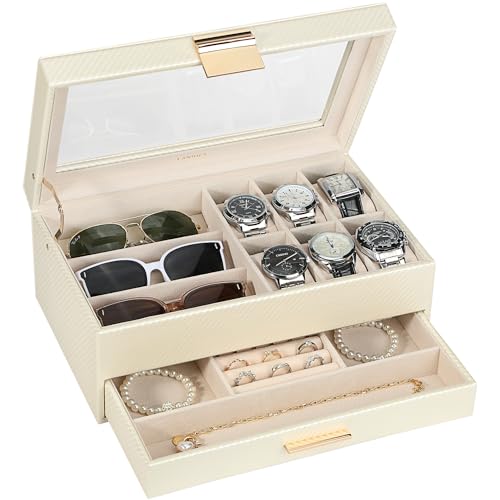 LANDICI 2-Layer PU Leather Watch and Jewelry Box, Apricot | Six watch slots, glass lid and lower drawer organize watches, sunglasses, rings, bracelets, cufflinks and necklaces - color: Apricot & Apricot