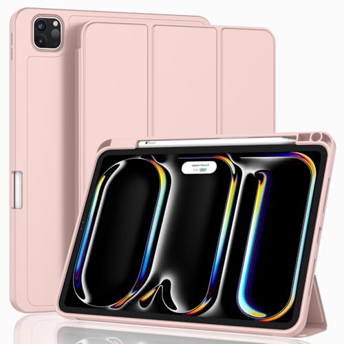 iPad Pro 11 Inch Case (M5) 2025/ (M4) 2024 (Model: A2836/A2837/A3006), Trifold Stand Smart Cover with Pencil Holder and Soft TPU Back, Auto Wake/Sleep (Rose Pink) - color: Rose Pink