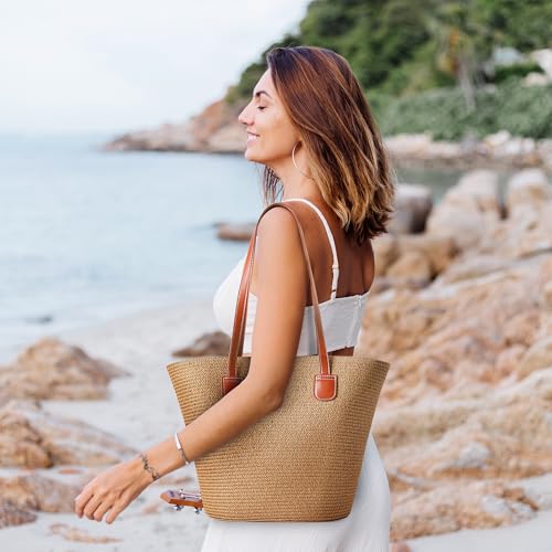 Straw Bags For Women | Travel Straw Totes Bag, Summer Woven Shoulder Bag Handbag - color: Straw