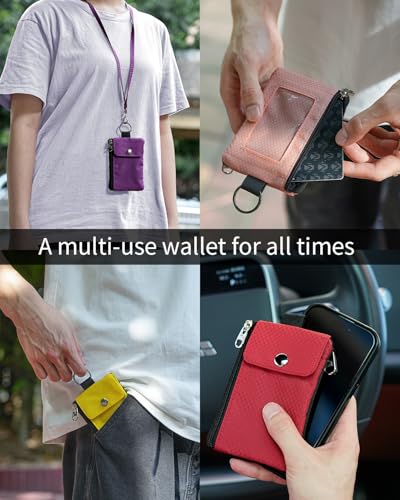 Artpaxy Minimalist Wallet For Mens Womens, Keychain RFID Blocking Zipper Small Wallet with ID Window 2 Lanyards,Water Resistant Travel Cash Card Coin Case Boys Girls - color: Yellow