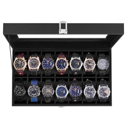 SONGMICS Watch Box, 14-Slot Watch Case with Large Glass Lid | Removable Pillows, Black Synthetic Leather, Black Lining, Gift for Loved Ones, BRIDIE Collection UJWB040B101 - color: Black + Black, size: 14 Slot