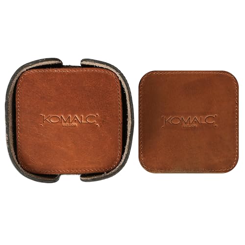 KomalC Premium Buffalo Leather Coasters Set of 6 with Holder – 3.5 Inch Round Drink Coasters – Heat Resistant, Non-Slip, Water Resistant Table Protection for Home, Office & Bar - color: Hardwax Tan
